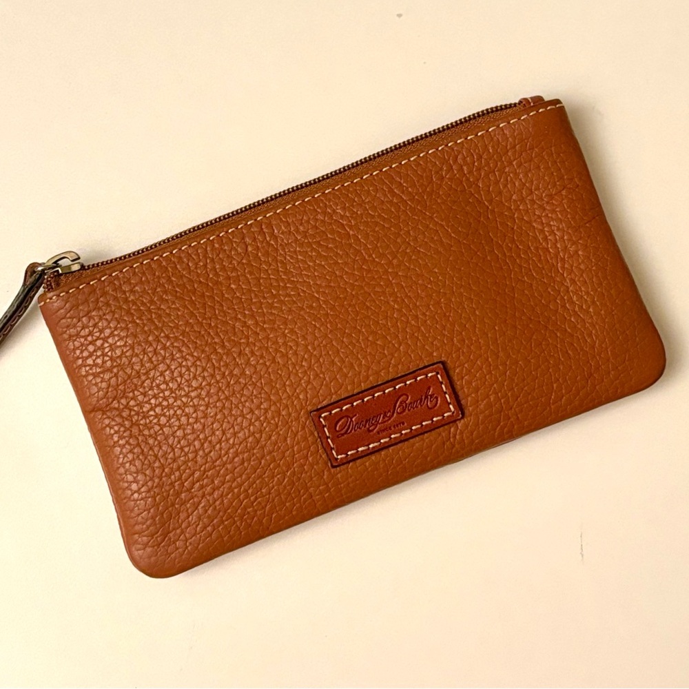 Dooney & Bourke Pebbled Leather Zip Pouch /Clutch With Outer ID Slot Caramel